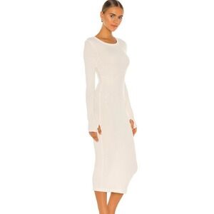ENZA COSTA Cashmere Rib Long Sleeve Dress Womens Medium Cream Midi Cozy Soft NEW